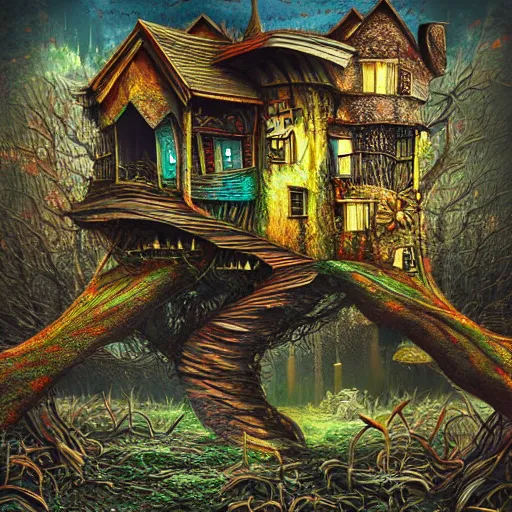 Image similar to psychedelic mushroom houses, post apocalyptic, dark fantasy, liminal space, dark paradise, digital art, 4 k