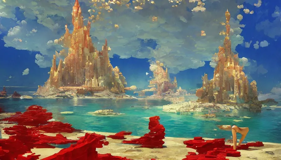 Image similar to RED Royal CRYSTAL castle built UNDER SEA, hyperdetailed, artstation, cgsociety,by studio ghibli painting,by Joaquin Sorolla rhads Leyendecker, by Ohara Koson and Thomas, 8k