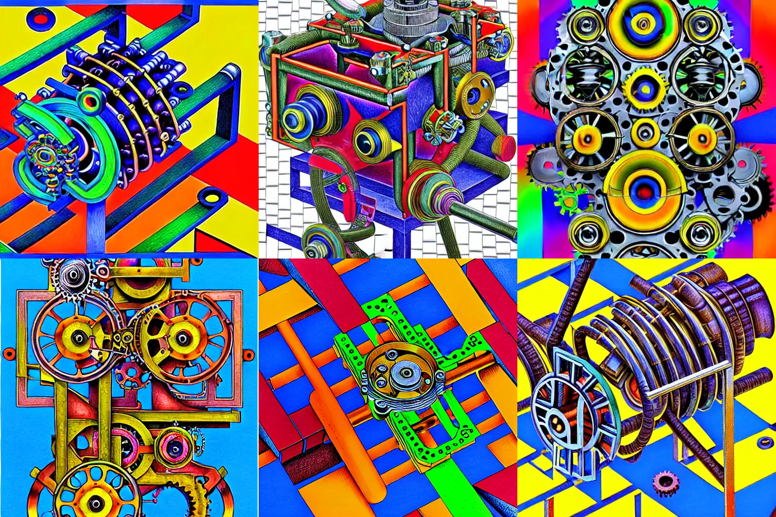 Prompt: a complicated time travel machine engine contraption with sprockets springs cranks cylinders hoses pistons, high detail, intricate abstract, detailed abstract, isometric, optical illusion, cubism, color pencil, bright colors, vivid colors, hyper detailed, high resolution, artstation, a tiny bit of M.C. Escher