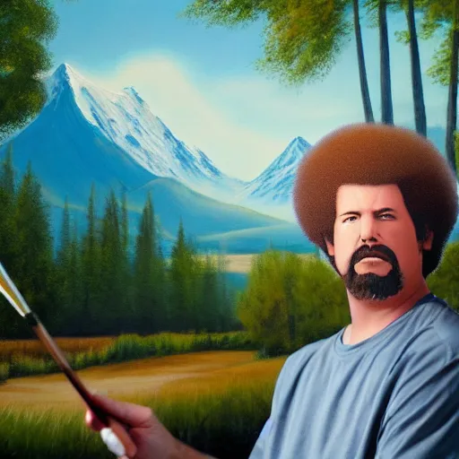 Image similar to a closeup photorealistic photograph of bob ross detailing a canvas painting of kenny powers. mountains and trees. film still. brightly lit scene. this 4 k hd image is trending on artstation, featured on behance, well - rendered, extra crisp, features intricate detail, epic composition and the style of unreal engine.