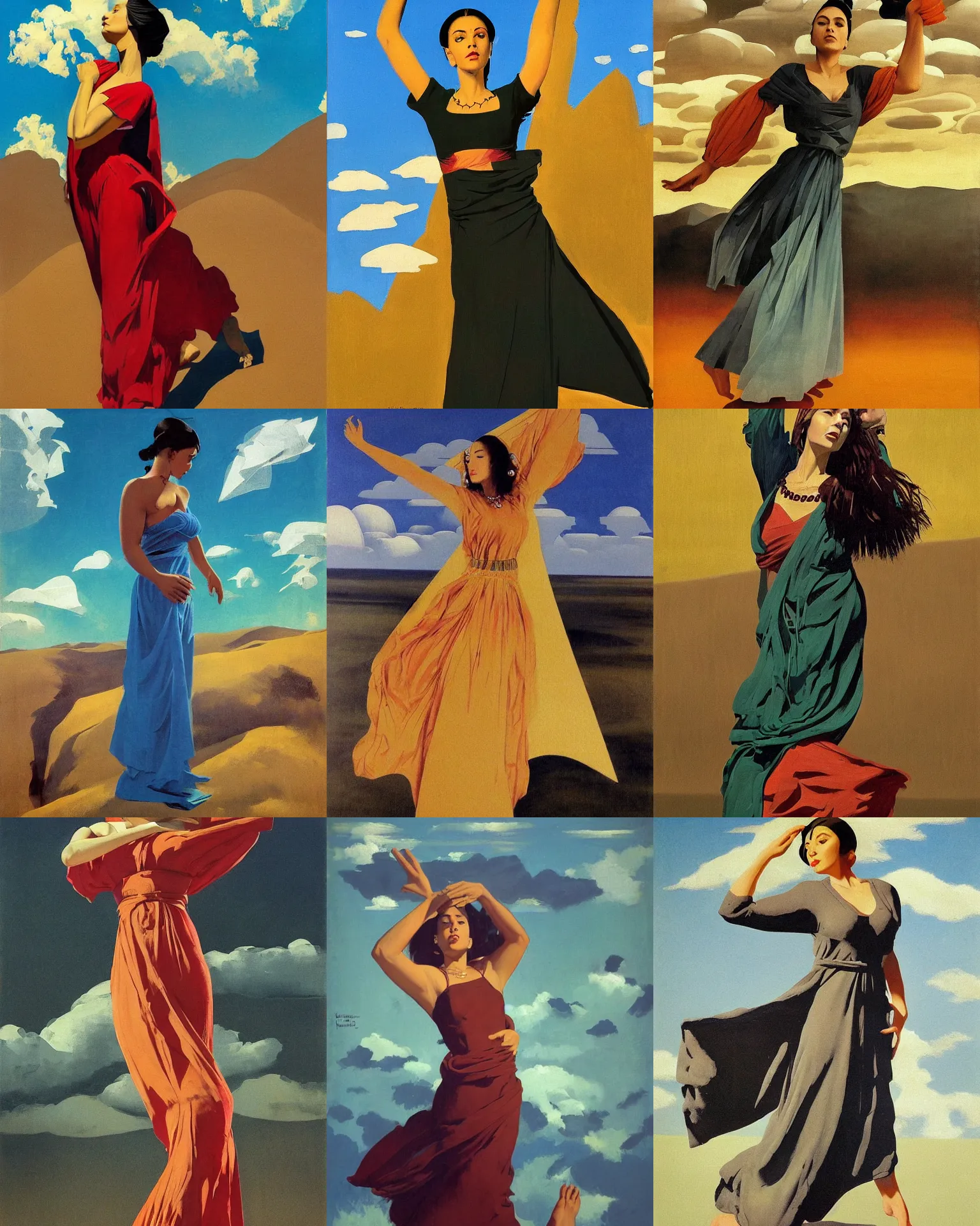 Prompt: woman portrait, ethnic costume, female figure in maxi dress, sky, thunder clouds modernism, dynamic pose, dance, morning dramatic cinematic light, low poly, low poly, low poly, industrial, soviet painting, social realism, barocco, Frank Frazetta, Dean Ellis, Detmold Charles Maurice, gustav klimt, levitation, movie poster 1993 anime