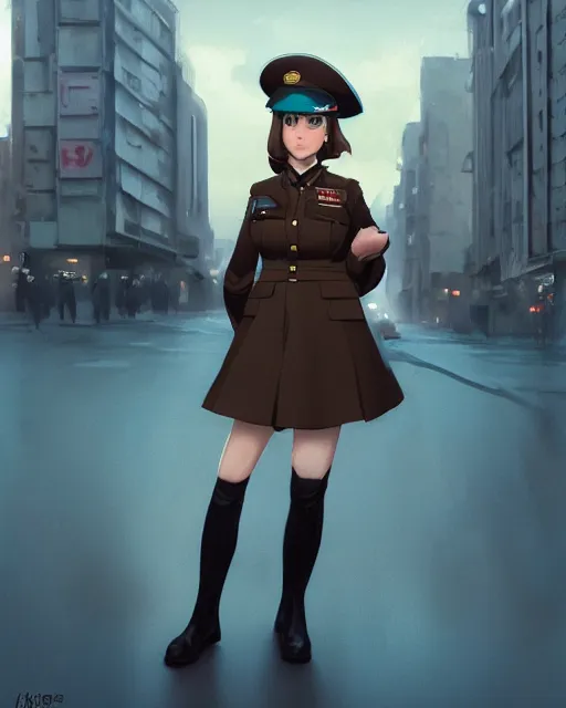 Image similar to young woman with shoulder length light brown hair and hazel eyes dressed in a sharp dark teal military uniform and beret, smiling, blurred city background in twilight lighting, ilya kuvshinov, anime, greg rutkowski, guweiz, ross tran, svetlana tigai, artgerm, concept art, digital painting, painterly