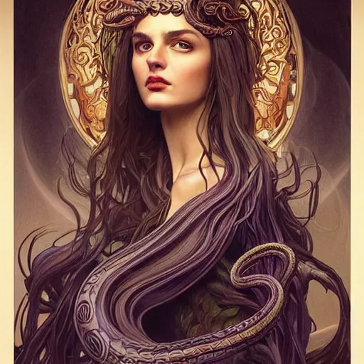 Image similar to “ daria strokous as medusa, frowning, scowl, snakes for hair, intricate, elegant, highly detailed, digital painting, artstation, concept art, smooth, sharp focus, illustration, art by artgerm and greg rutkowski and alphonse mucha ”