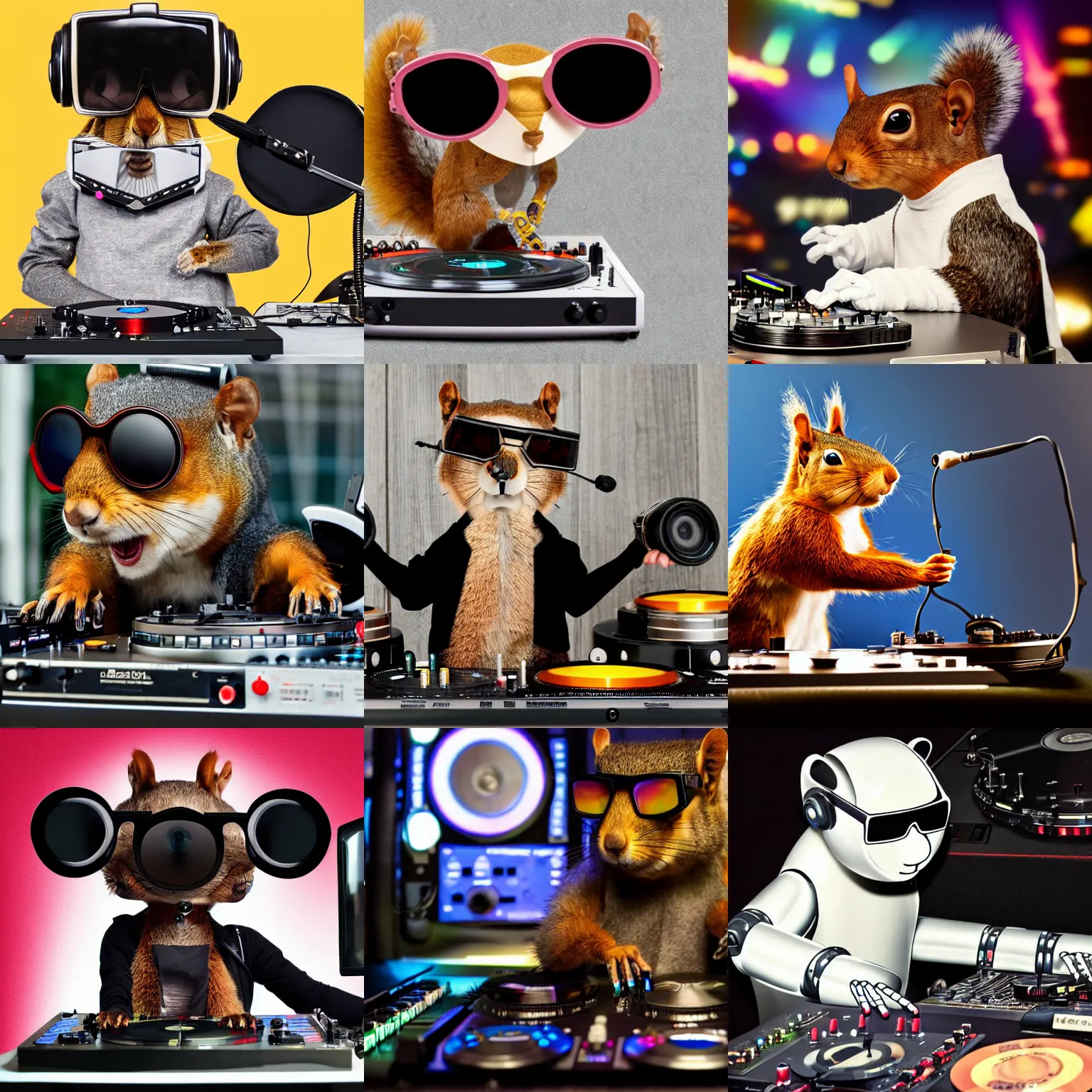 Prompt: a robot squirrel wearing heaphones and sunglasses DJing with DJ turntables, photoreal