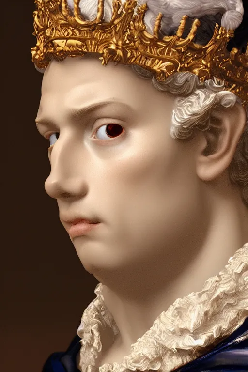Prompt: a realistic porcelain rococo style bust of handsome young Spanish prince with colored pipecleaners for a crown and suspended in outer space, photorealism, octane render, depth of field, 8k, 35mm, artgem, Trending on artstation
