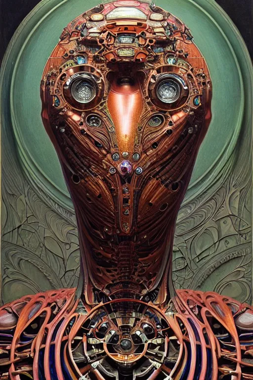 Prompt: retro robot, detailed realistic beautiful groovypunk robot in full regal attire. face portrait. art nouveau, symbolist, visionary, baroque, giant fractal details. horizontal symmetry by zdzisław beksinski, iris van herpen, raymond swanland and alphonse mucha. highly detailed, hyper - real, beautiful