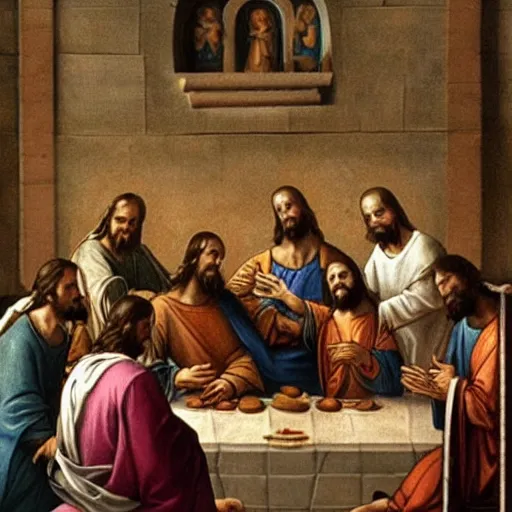 Image similar to jesus is the disk jockey at the last supper