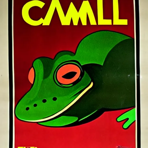 Prompt: A 1960s poster for Camel cigarettes with Camel Joe as a frog smoking a cigarette