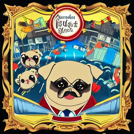 Image similar to important president pug dog in a convertible parade, expensive suits, Nintendo game art, Hayao Miyazaki, intricate detail, illustration, beautiful lighting,