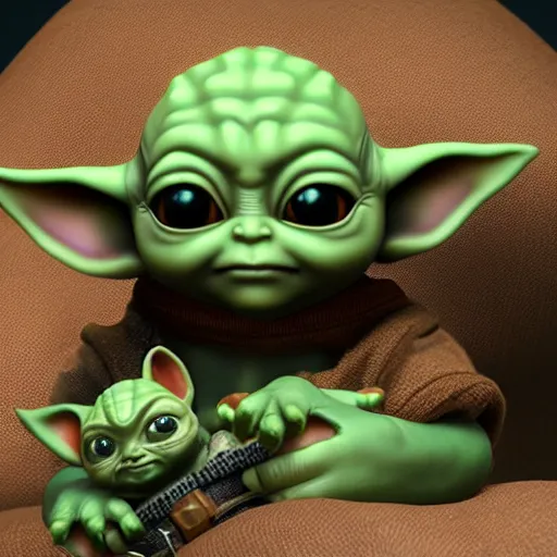 Image similar to zelda playing with baby yoda, detailed, hyper realistic, 4 k octan render, unreal 5