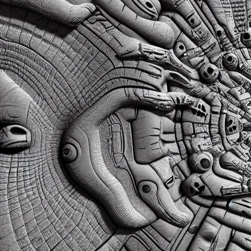 Prompt: entities, muck and geoglyphs, geometric patterns, impossible structures, decayed, broken pieces, black and white, rendered in cinema 4 d, highly detailed, alien, interesting textures, experimental