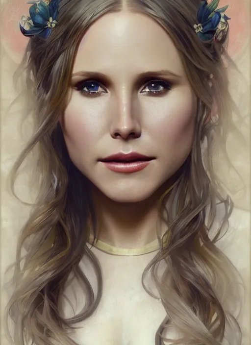 Prompt: portrait of sexy beautiful kristen bell, soft features, by magali villeneuve and greg rutkowski and artgerm and alphonse mucha, intricate, elegant, highly detailed, photorealistic, trending on artstation, trending on cgsociety, 8 k, sharp focus