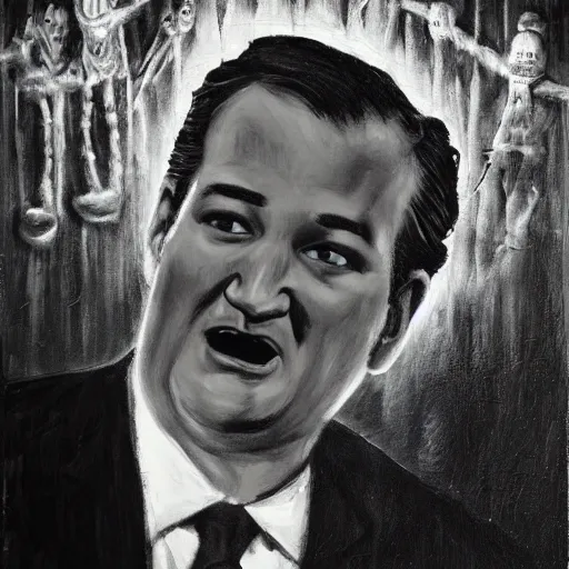 Image similar to Ted Cruz escapes, black and white, creepy lighting, scary, horror, ornate, eerie, fear, oil painting