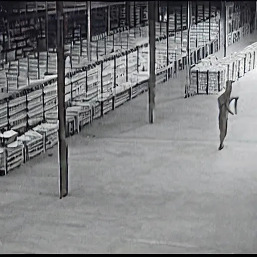 Image similar to insecam cctv footage of an abandoned mannequin warehouse, monochromatic, grainy and blurry vhs footage