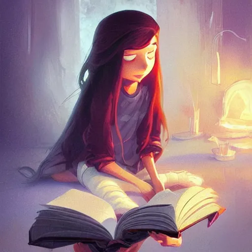 Image similar to a pixar girl reading a book, long hair flowing down, symmetrical, style of by Jordan Grimmer and greg rutkowski, crisp lines and color,