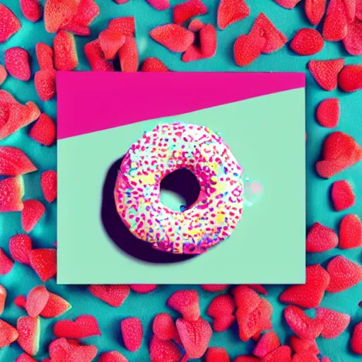 Image similar to strawberry frosted donut with sprinkles, pop art, album cover, shadow,