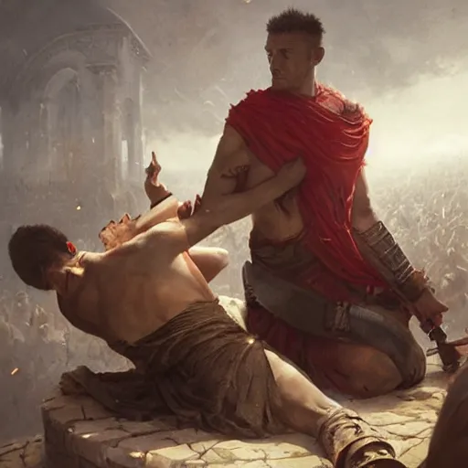 Prompt: brutus, regretting his actions, kneeling over the body of julius caesar, fantasy art by greg rutkowski