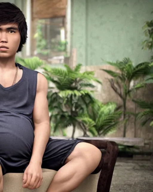 Prompt: Young male Filipino protagonist wearing a loose sleeveless shirt and a big pregnant belly sitting on a chair, ultrarealistic, 8k