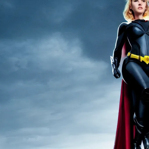 Image similar to scarlett johansson's batman, full pose, with cape, cape, cape, full length body shot, in a serene foreground, in a serene background