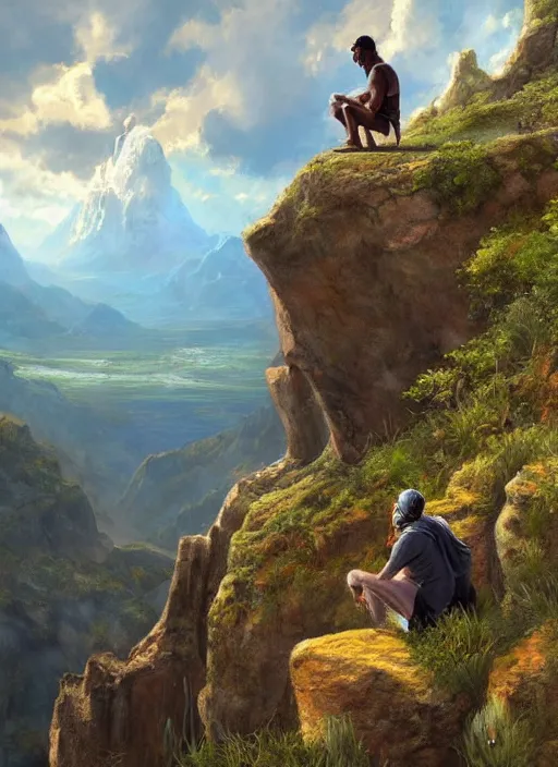 Prompt: an indigenous man sitting at the top of a cliff, looking down at the valley, doing a vision quest, fantasy art, matte painting