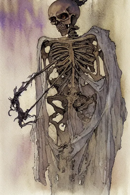 Image similar to a simple and atmospheric watercolour portrait of a skeleton king on halloween, very muted colors, by rebecca guay, michael kaluta, charles vess and jean moebius giraud