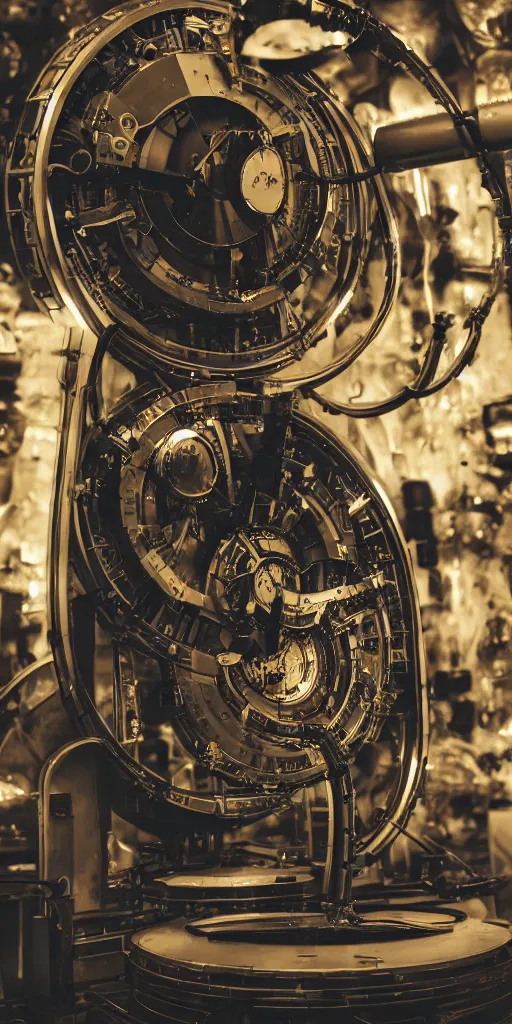 Image similar to time traveling machine futuristic cybernetic realistic prop photo in antique store, detailed, photography, trading on artstation, wideshot, 8K