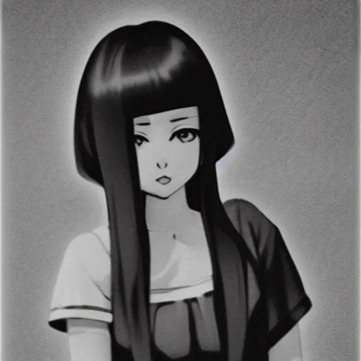 Prompt: black and white vintage photo of anime girl