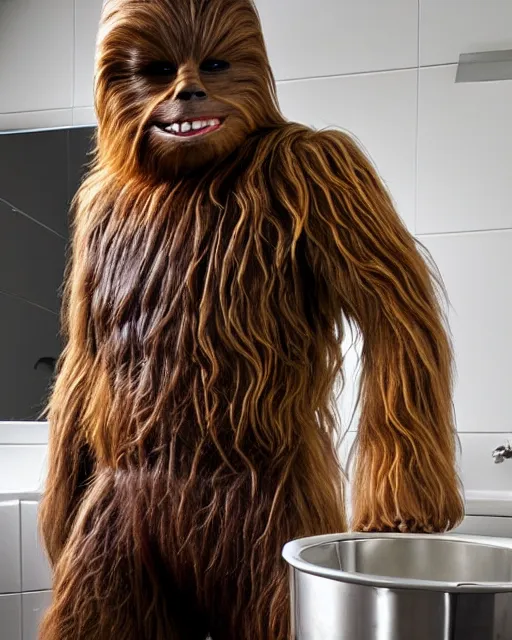 Prompt: Chewbacca shaving his face in front of a mirror