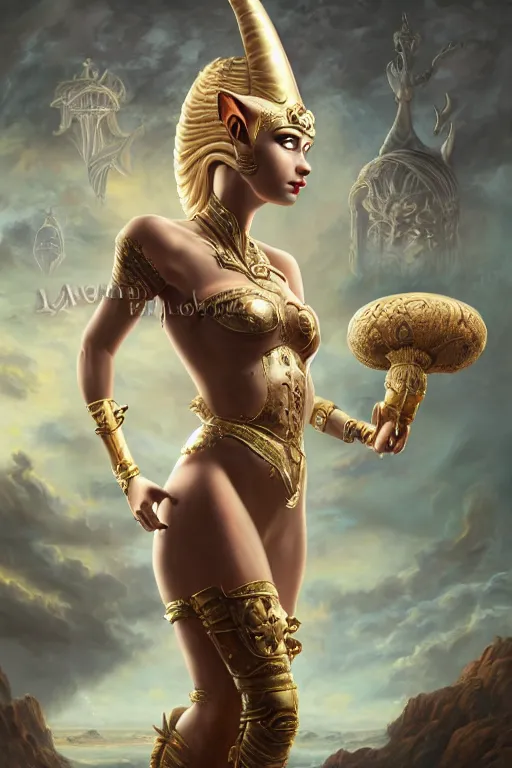 Prompt: old world masters portrait of a beautiful female hybrid atlantean anubis alien warrior elsa jean, regal, realistic, refined, detailed digital art, francois boucher, oil painting, michael cheval, esao andrews, steampunk, walt disney ( 1 9 3 7 ), highly detailed, cinematic lighting, unreal engine, 8 k, hd