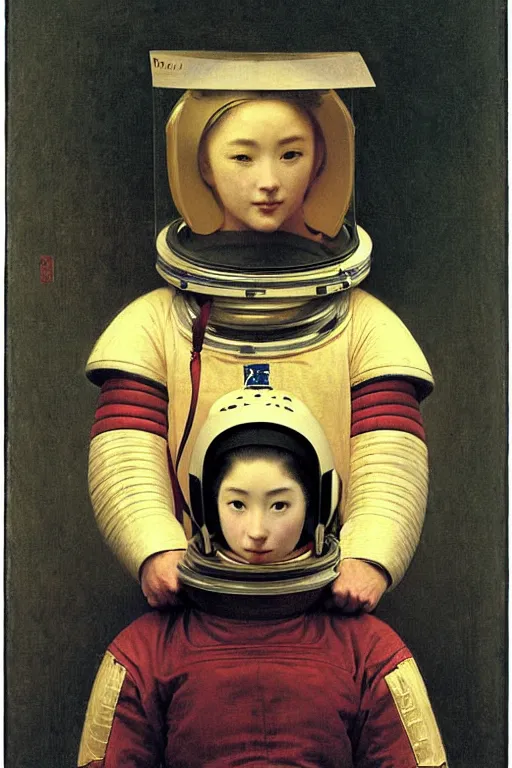 Image similar to portrait of a astronaut in samurai helmets, by bouguereau