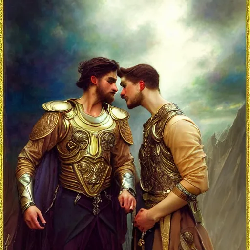 Image similar to attractive fully clothed king confesses his love for his attractive fully clothed male prince. highly detailed painting by gaston bussiere, tom bagshaw, j. c. leyendecker