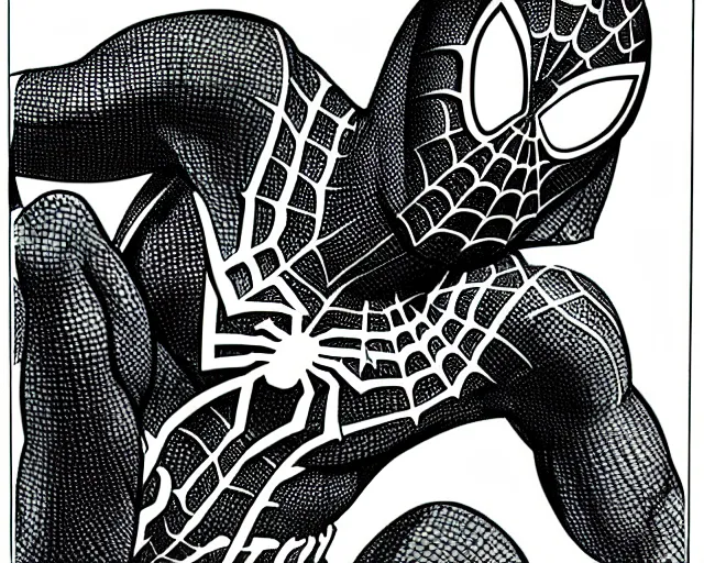 Image similar to photorealistic sketch of black spider - man with gold webbing by steve ditko