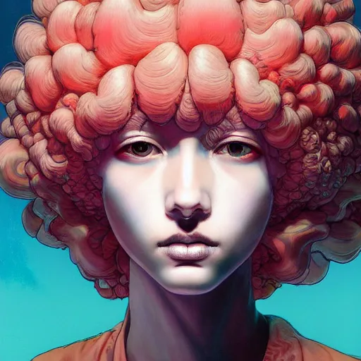 Image similar to woman with coral reef hair portrait soft light painted by james jean and katsuhiro otomo and erik jones, inspired by akira anime, smooth face feature, intricate oil painting, high detail illustration, sharp high detail, manga and anime 1 9 9 9