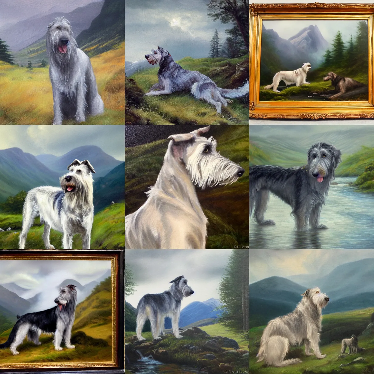 Prompt: irish wolfhound misty mountains watery skies isolated wilderness, oil painting in the style of the monarch of the glen by sir edwin landseer