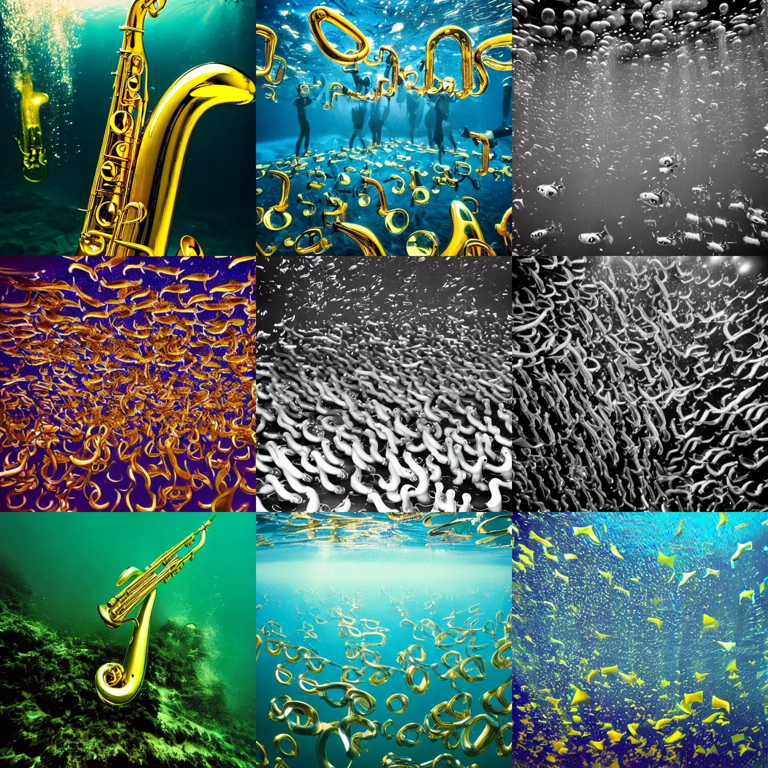 Prompt: hundreds of shining saxophones floating underwater, clean, detailed, high contrast photo, Magnum photos