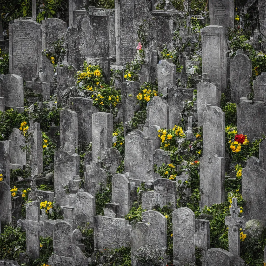 Prompt: stone roses in gothic cemetery setting depth of field