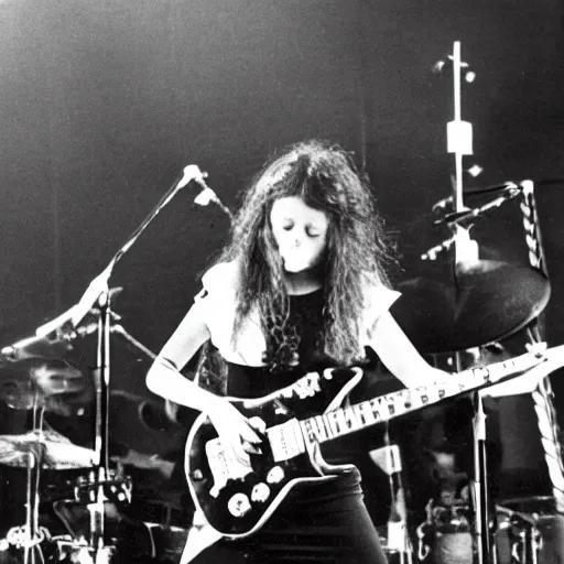 Prompt: 1 9 - year - old girl in a traditional doom metal band, live in concert, live 1 9 8 6, united kingdom flags, playing electric guitar, headbanging slowly, crowd of longhairs, super 8 mm