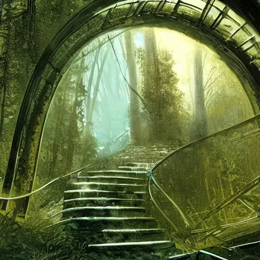 Image similar to stairs leading to a frozen derelict portal in a middle of a snowy lush futuristic forest, green lush world seen only through a portal, daylight, cinematic lighting, blue sky, syd mead, john harris