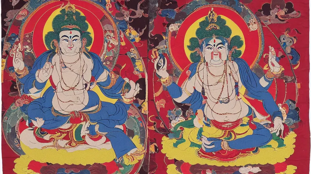 Image similar to mahakala tibetan deity as the mad drunk french philosopher foucault, tibetan thangka