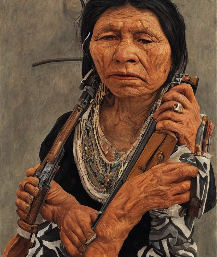 Prompt: indigenous woman with a gun, painted by lucian freud, hd, super detailed, realistic, muted colors