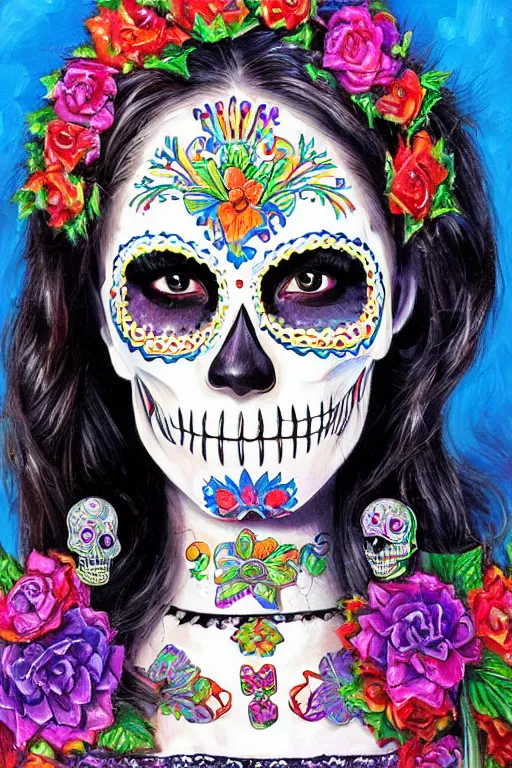 Image similar to Illustration of a sugar skull day of the dead girl, art by Robert Hagan
