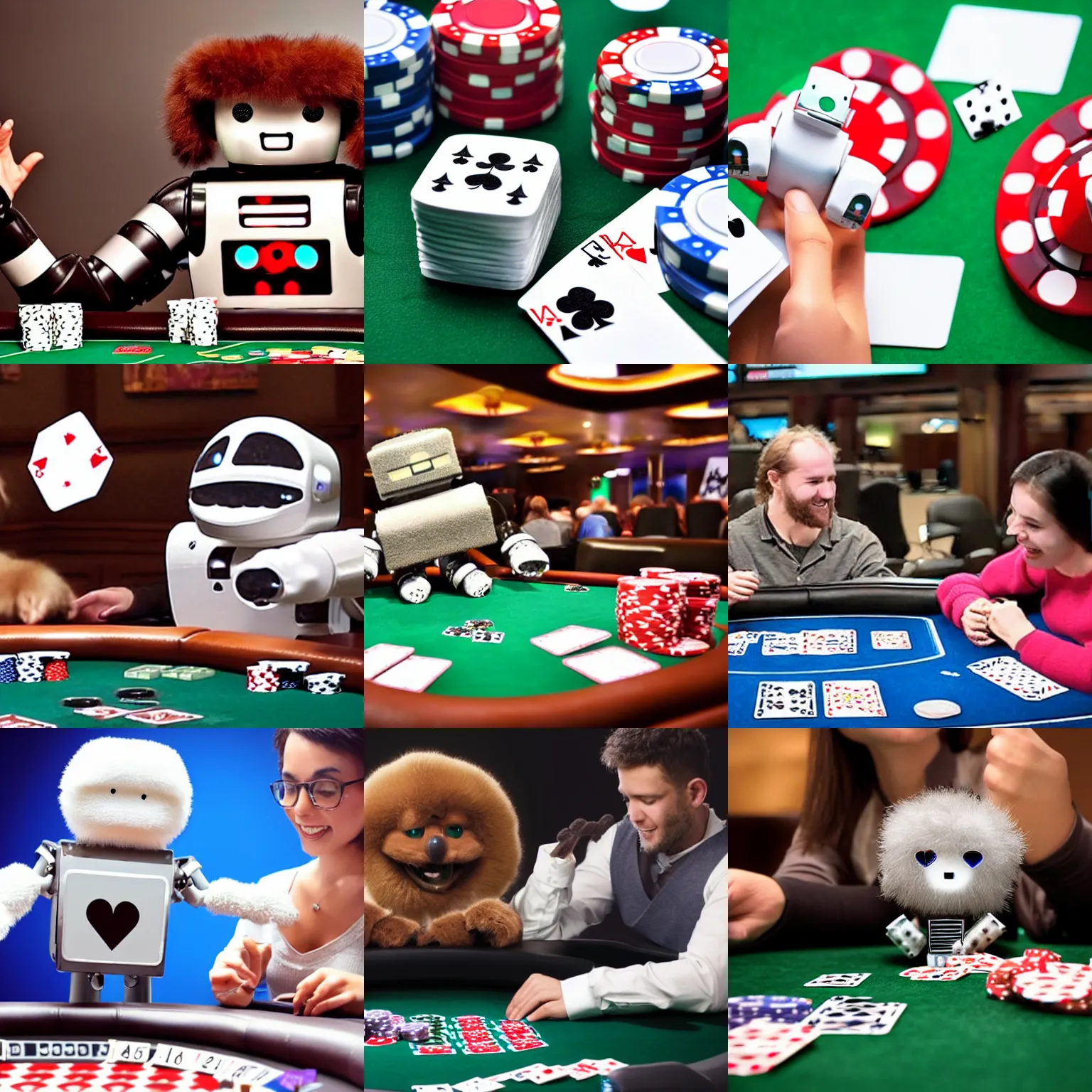 Prompt: cute fluffy robot double downs while playing poker