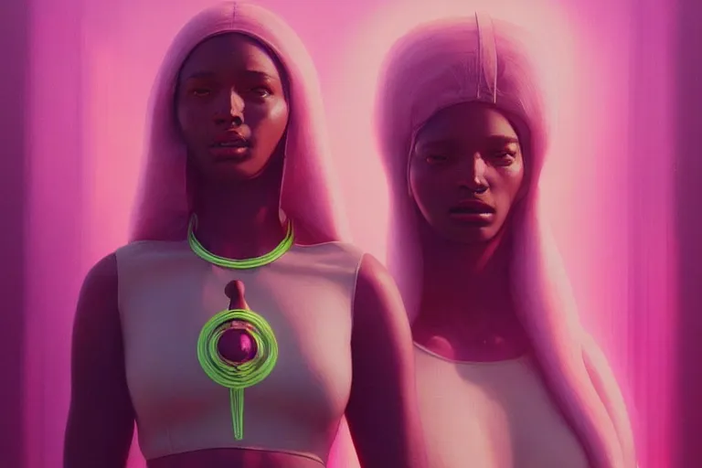 Prompt: patron saint 👩🏾, futuristic clothing, pink background, warped gravity, neon god of city character portrait, in the style of moebius, wlop, tom bagshaw, and waterhouse, cinematic lighting, beautiful, elegant, oil painting,