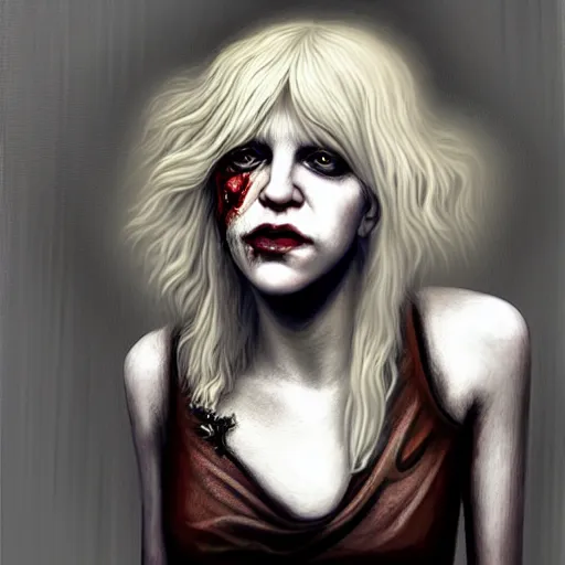 Image similar to portrait of young courtney love as a zombie with platinum blonde fluffy hair, 7 days to die zombie, gritty background, fine art, award winning, intricate, elegant, sharp focus, cinematic lighting, digital painting, 8 k concept art, art by michael hussar, art by brom, art by guweiz and z. w. gu, 8 k