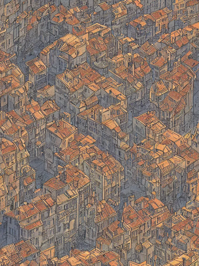 Prompt: isometric view illustration of a medieval Marseille street corner, highly detailed, mid day by Victo Ngai and Bruce pennington