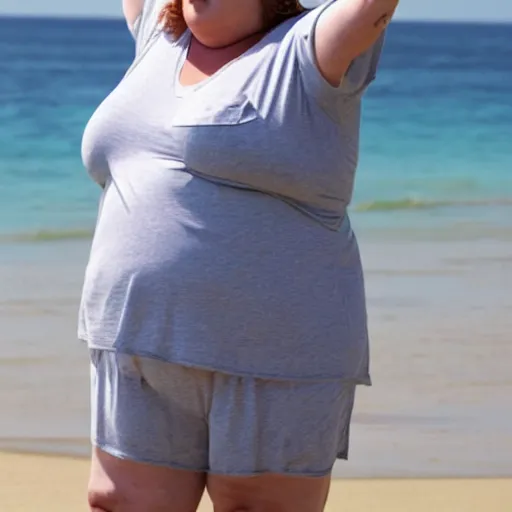 Image similar to an extremely obese middle age woman on the beach wearing an oversized tshirt and shorts