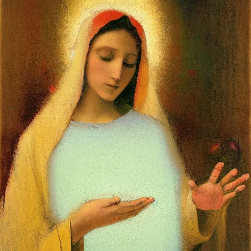 Prompt: the annunciation of the blessed virgin mary, by odilon redon, by greg rutkowski, pastel and oil on canvas