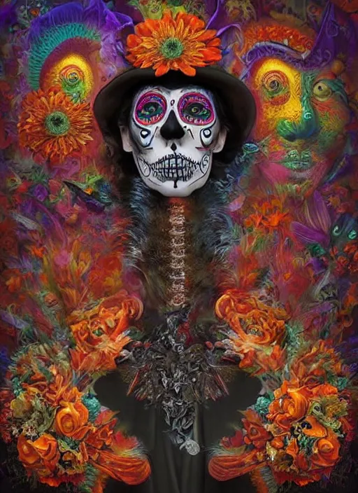 Image similar to dia de los muertos theme surrealist art in the styles of igor morski, jim warren, and saner, intricate, hyperrealistic, accurate facial details, profile picture with chromakey!!!!! background, volumetric lighting