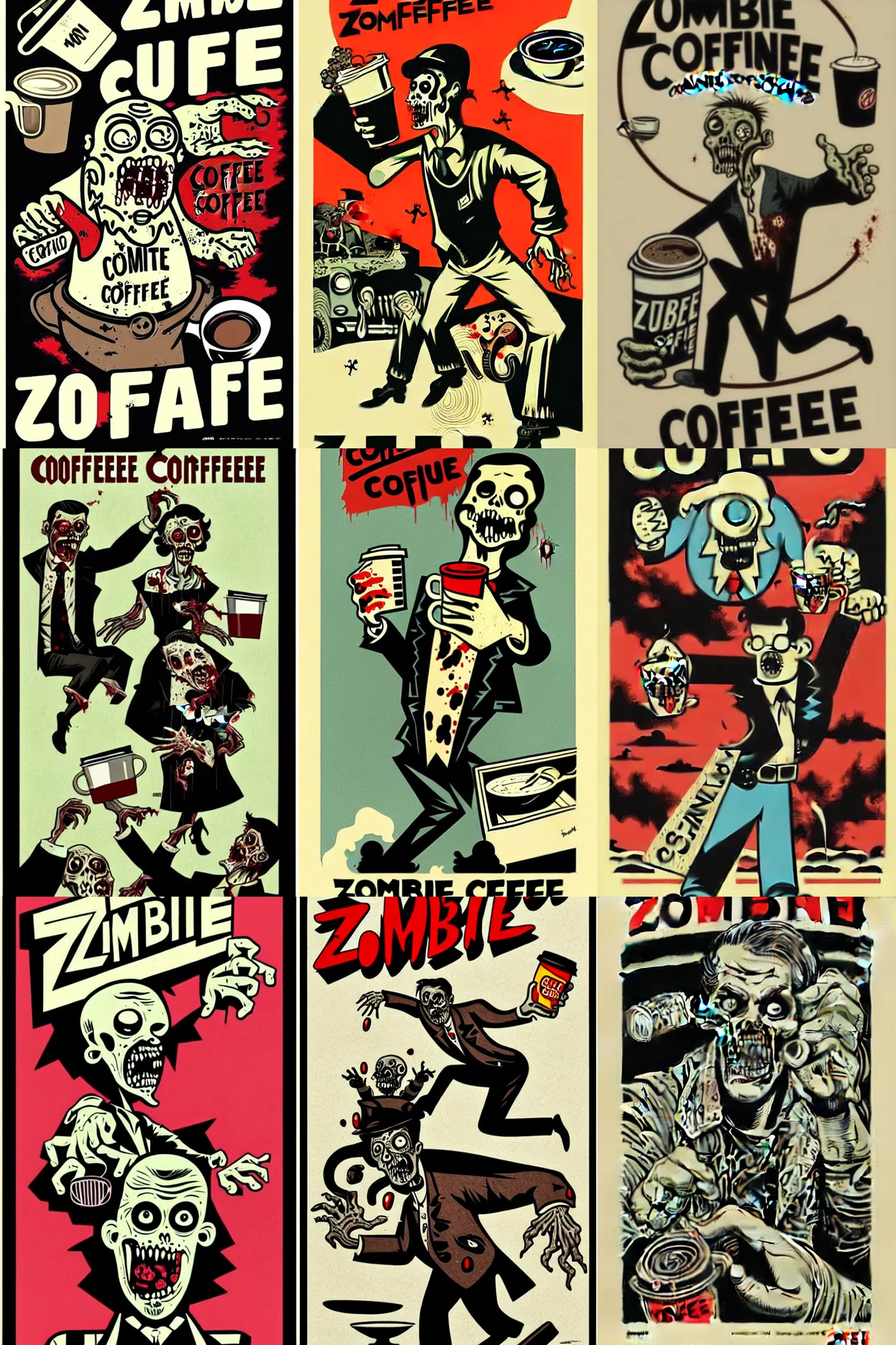 Prompt: zombie chasing coffee, arms out, by mcbess, full colour print, vintage colours 1 9 5 0 s, high detail