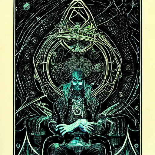 Image similar to black paper + tarot card + eldritch god, vintage detailed sci - fi illustration designed by marc simonetti and mike mignola + psychedelic black light style + intricate ink illustration + symmetry + bloodborne